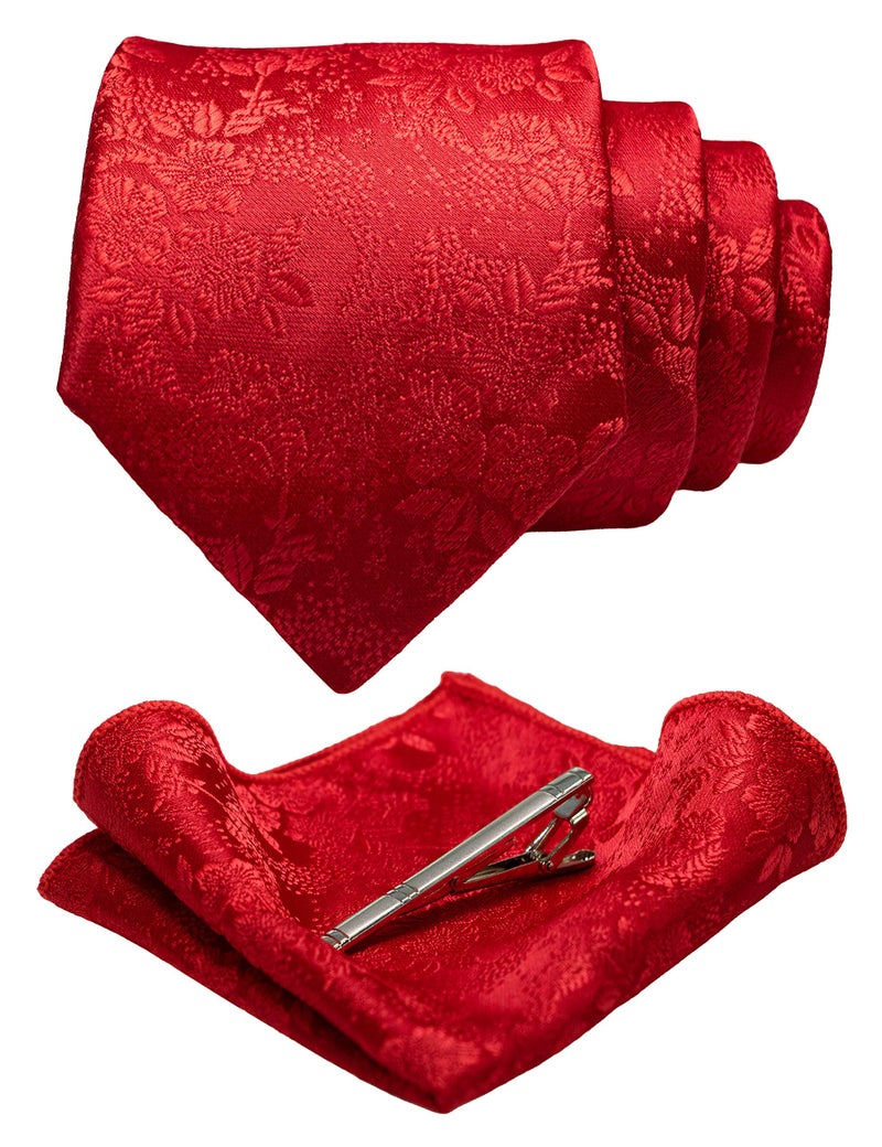 JEMYGINS Floral Red Necktie and Pocket Square Tie Clip Sets for Men (red-2) - Image 1